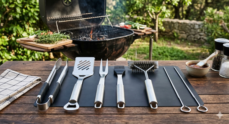 Un conjunto de utensilios profesionales de acero inoxidable para barbacoa dispuestos ordenadamente.⁠