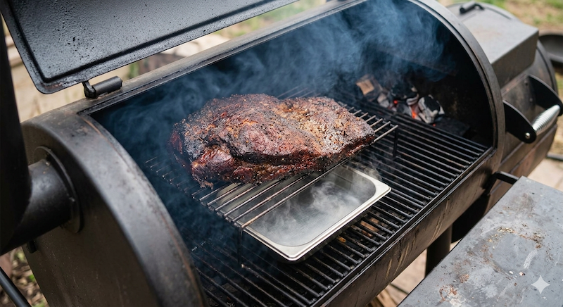 Una pieza grande de carne ahumándose lentamente en una barbacoa de carbón cerrada.