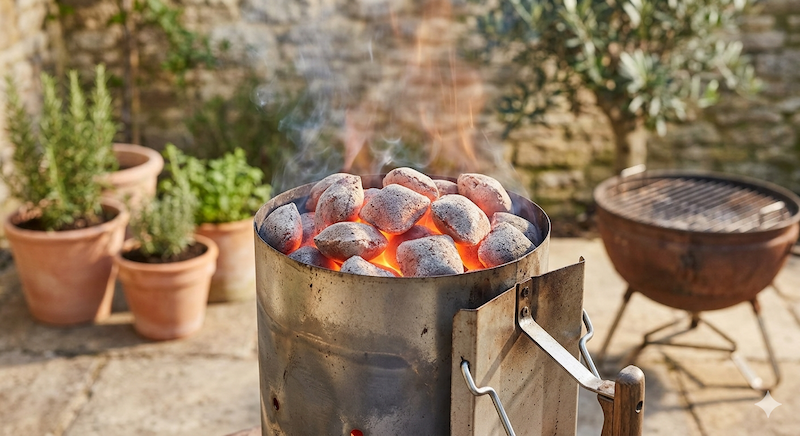 Chimenea de encendido metálica llena de briquetas de carbón homogéneas desprendiendo calor.⁠