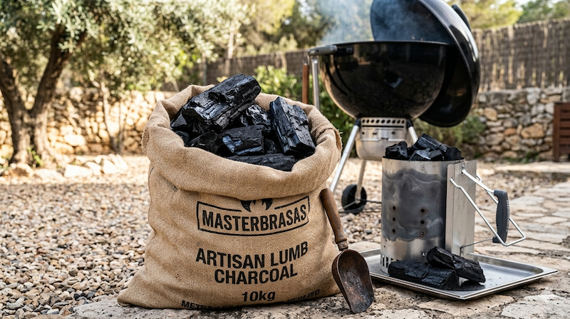 Trozos grandes e irregulares de carbón vegetal negro de alta calidad listos para encender.⁠