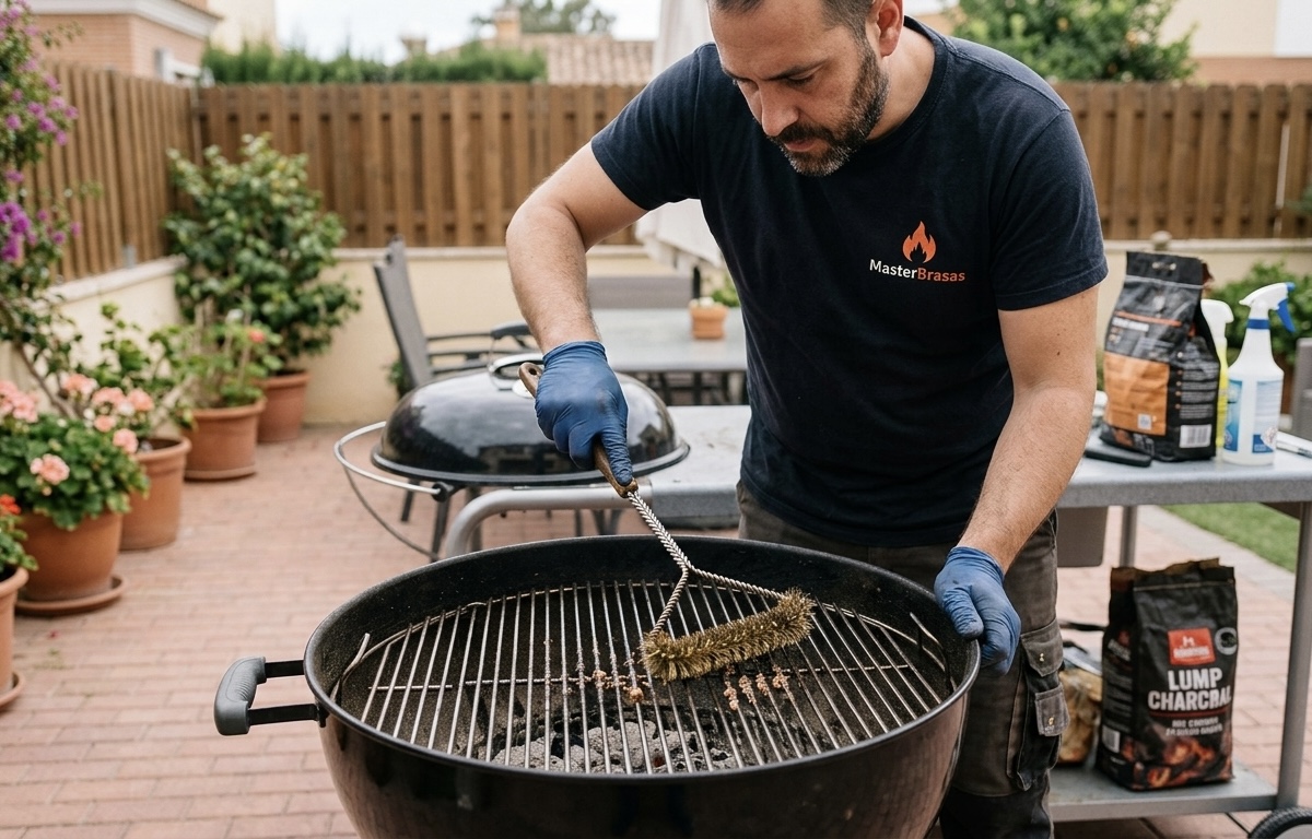 Un hombre con camiseta de MasterBrasas limpiando la rejilla de una barbacoa con un cepillo de acero.⁠