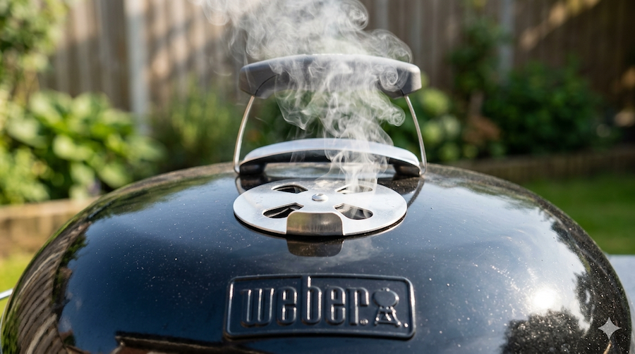 Primer plano de la compuerta de ventilación metálica superior en la tapa de una barbacoa de carbón.⁠