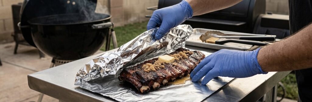Preparación de costillas de cerdo sobre papel de aluminio para la fase de cocción al vapor.⁠