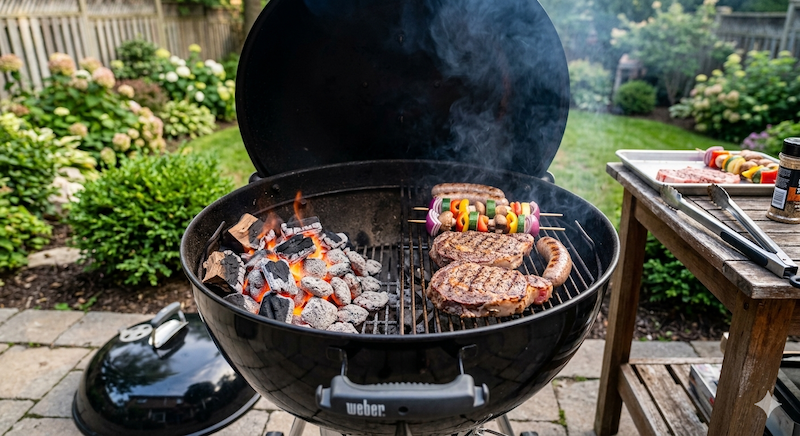 Disposición de carbón a un solo lado de la barbacoa para crear una zona directa e indirecta de cocinado.⁠
