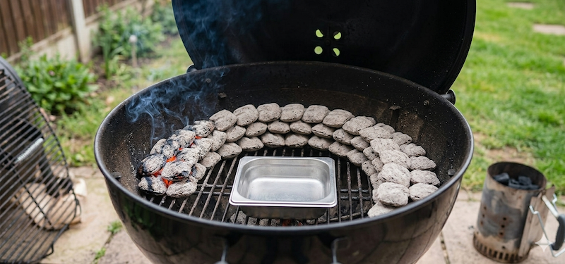 Circuito lineal de briquetas de carbón dispuestas en forma de serpiente dentro de una barbacoa circular.⁠