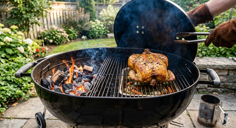 Un pollo entero asado dorándose lentamente en la zona indirecta de una barbacoa con tapa.