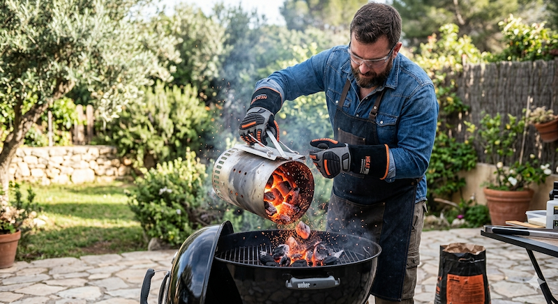 Una persona usando guantes térmicos profesionales para volcar el carbón caliente de una chimenea de encendido.
