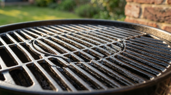 Primer plano de parrilla de barbacoa de hierro fundido negra y brillante tras el curado⁠